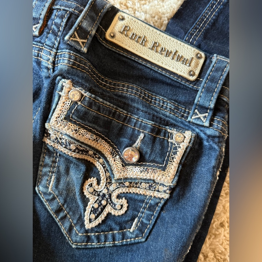 Rock Revival Dark Blue Skinny Jeans with Embellished Pockets